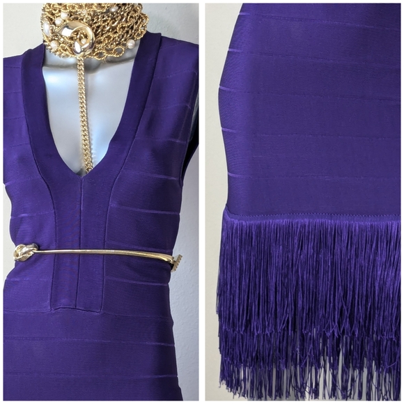 VENUS Bandage Layered Fringe Plunging Neck Sleeveless Cocktail Purple Dress - Picture 6 of 15